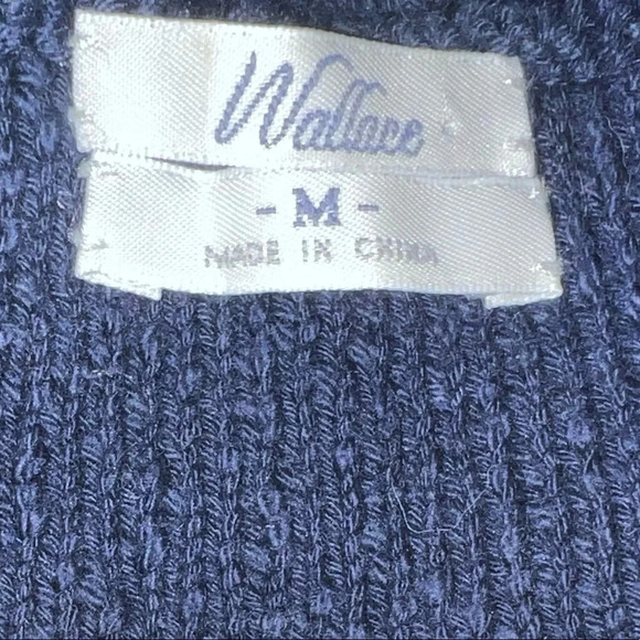Wallace, M , Long sleeve crewneck navy blue & cream crochet knit sweater. L=24” - Picture 6 of 6
